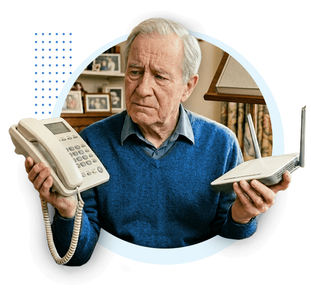 Elderly man looking at a digital home phone and wondering if he can replace his landline without broadband, illustrating the question: Can I replace my landline without broadband?
